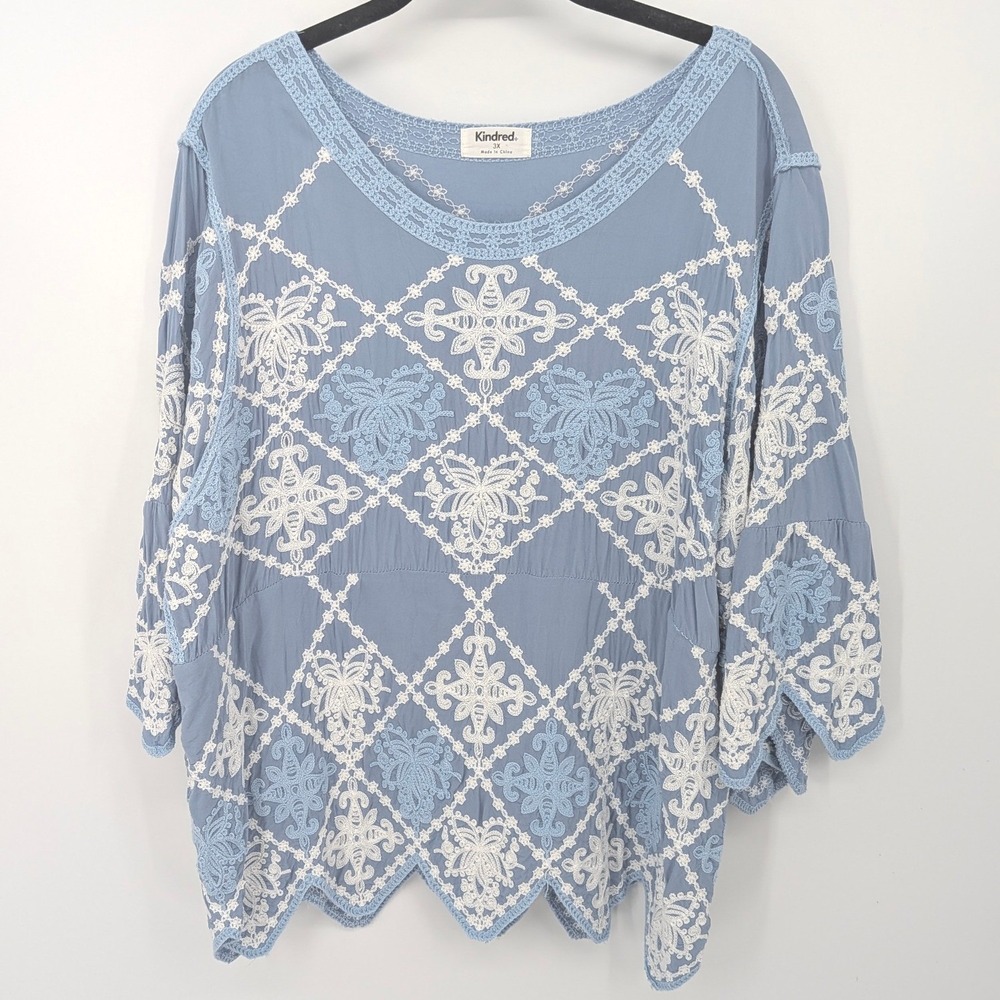 Kindred Embroidered Blouse Women Plus 3X Blue Boho Crochet Scalloped Cottagecore